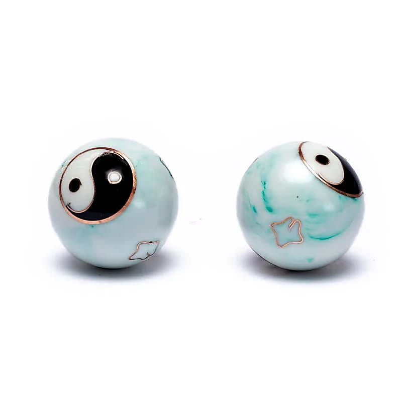 Baoding balls - Čínske meditačné guličky- Yin Yang Tai Chi biela/zelená mramorované - 3,5cm