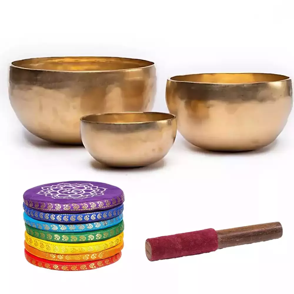 Ladená terapeutická tibetská miska tón B-432Hz Sahasrara 400-500g set ručne tepaná 